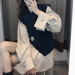 Set: Long-sleeve Mini Shirt Dress + One Buttoned Vest