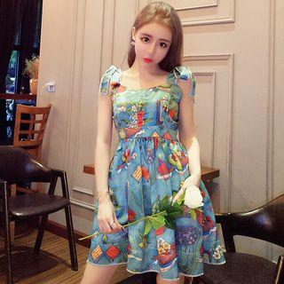 Printed Sleeveless A-line Dress Green - One Size