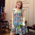 Printed Sleeveless A-line Dress Green - One Size