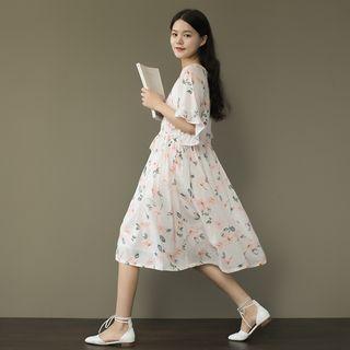 Floral Print Button Down Elbow-sleeve A-line Midi Dress