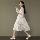 Floral Print Button Down Elbow-sleeve A-line Midi Dress
