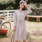 Long-sleeve Tie-waist V-neck Dress