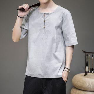Elbow-sleeve Henley Frog-buttoned T-shirt