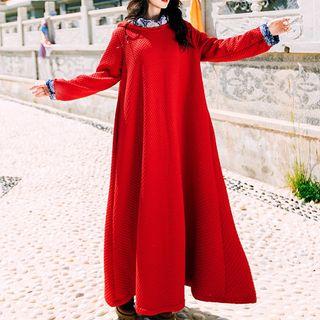 Hooded Long-sleeve Maxi Shift Dress