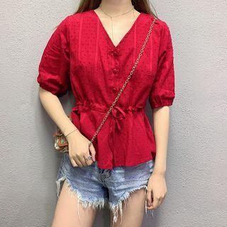 Tie-waist Puff-sleeve Blouse