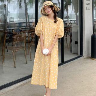 Puff-sleeve Dotted Midi Shift Dress