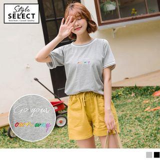 Short-sleeve Piped Lettering Embroidered T-shirt