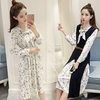 Set: Long-sleeve Floral Print Midi Dress + Cut Out Long Knit Vest