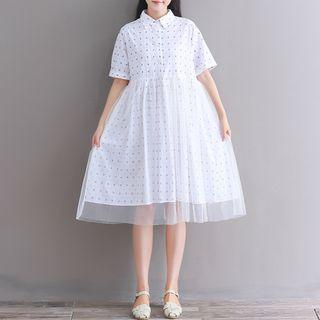 Mesh Overlay Dotted Short Sleeve Shirt Dress