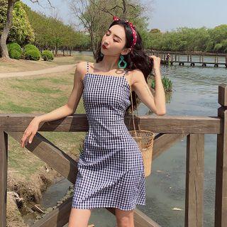 Plaid Strappy Midi A-line Dress Black - One Size