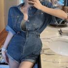 Elbow-sleeve Denim Romper Denim Blue - One Size