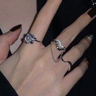 Set Of 3: Irregular Rhinestone Ring Set Of 3 - Silver - One Size