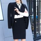 Set: Plain Blazer + V-neck Sleeveless Dress + Shirt