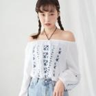 Off-shoulder Tasseled Embroidered Top White - One Size
