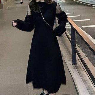 Long-sleeve Semi Turtleneck Plain Panel Mesh Knit Dress (various Designs)