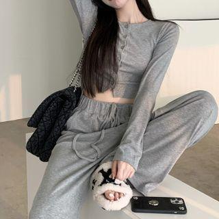 Long-sleeve Cropped Cardigan / Drawstring Wide-leg Pants