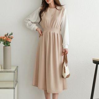 Contrast-sleeve Band-waist Midi Dress
