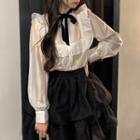 Long-sleeve Stand-collar Ruffle Blouse / Asymmetrical A-line Mini Skirt