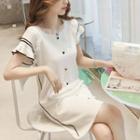 Contrast Trim Short-sleeve Knit Mini A-line Dress