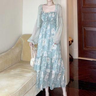 Ruffle Strap Floral Print Midi Layered Dress / Open Front Chiffon Jacket