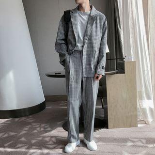 Single Breasted Plaid Blazer / High-waist Plaid Dress Pants