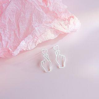 925 Sterling Silver Hand Gesture & Heart Earring 1 Pair - 925 Silver - Stud Earring - Silver - One Size
