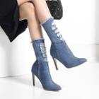 Ripped High-heel Pointy-toe Denim Mid-calf Boots