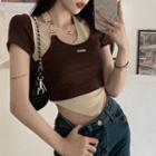 Mock Two-piece Short-sleeve Buckled Crop T-shirt