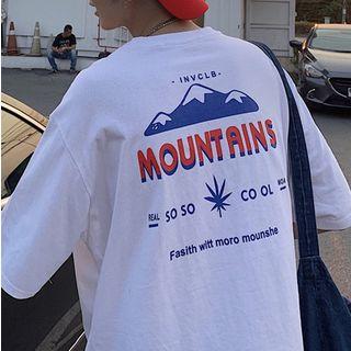 Mountain Print Lettering Elbow-sleeve T-shirt