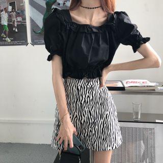 Short-sleeve Blouse / Zebra Print Mini A-line Skirt