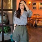 Set: Elbow-sleeve Printed Blouse + High-waist Wide-leg Plain Shorts