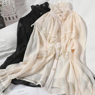 Ruffle Collar Lace Trim Blouse
