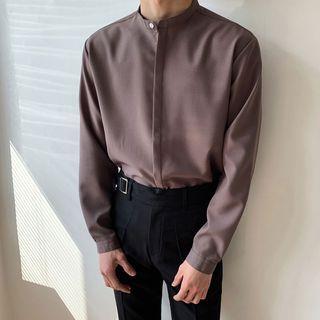 Collarless Long-sleeve Plain Shirt