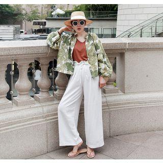 Mandarin-collar Balloon-sleeve Foliage Blouse