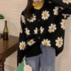 Long-sleeve Flower Printed Knit Cardigan Sweater - One Size
