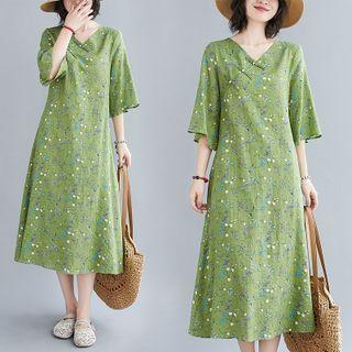 Elbow-sleeve V-neck Floral Print Midi A-line Dress