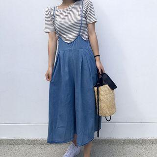 Set: Stripe Short-sleeve T-shirt + Spaghetti Strap Wide Leg Pants