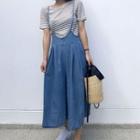 Set: Stripe Short-sleeve T-shirt + Spaghetti Strap Wide Leg Pants