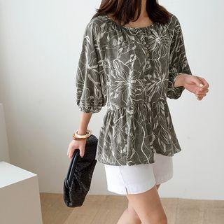 Balloon-sleeve Floral Peplum Blouse