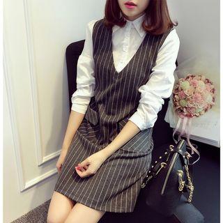 Long-sleeve Mock Two Piece Striped Dress