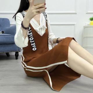 Lettering Strap Detail V-neck Knit Pinafore Dress