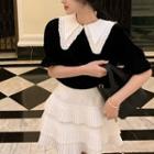 Puff-sleeve Collared Velvet Blouse / A-line Layered Skirt