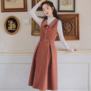 Set: Mock-turtleneck Ribbed Knit Top + Collared Midi A-line Pinafore Dress