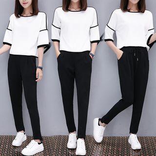 Set: Short Sleeve Contrast Trim Top + Drawcord Pants
