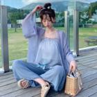 Wide Strap Chiffon Top / Long Chiffon Jacket / Sheer Wide-leg Pants