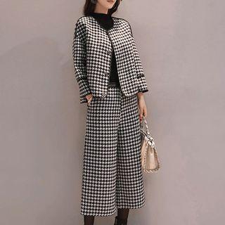 Set: Houndstooth Snap Button Jacket + Wide-leg Pants