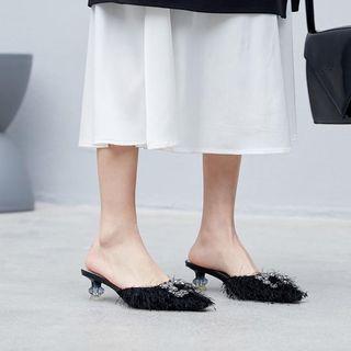 Embellished Feathered Kitten Heel Mules