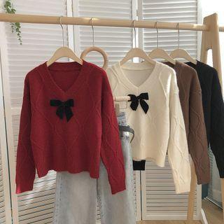 Bow V-neck Long-sleeve Cropped Knit Sweater