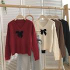 Bow V-neck Long-sleeve Cropped Knit Sweater