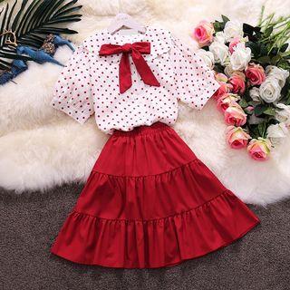 Set: Dotted Short-sleeve Blouse + A-line Skirt